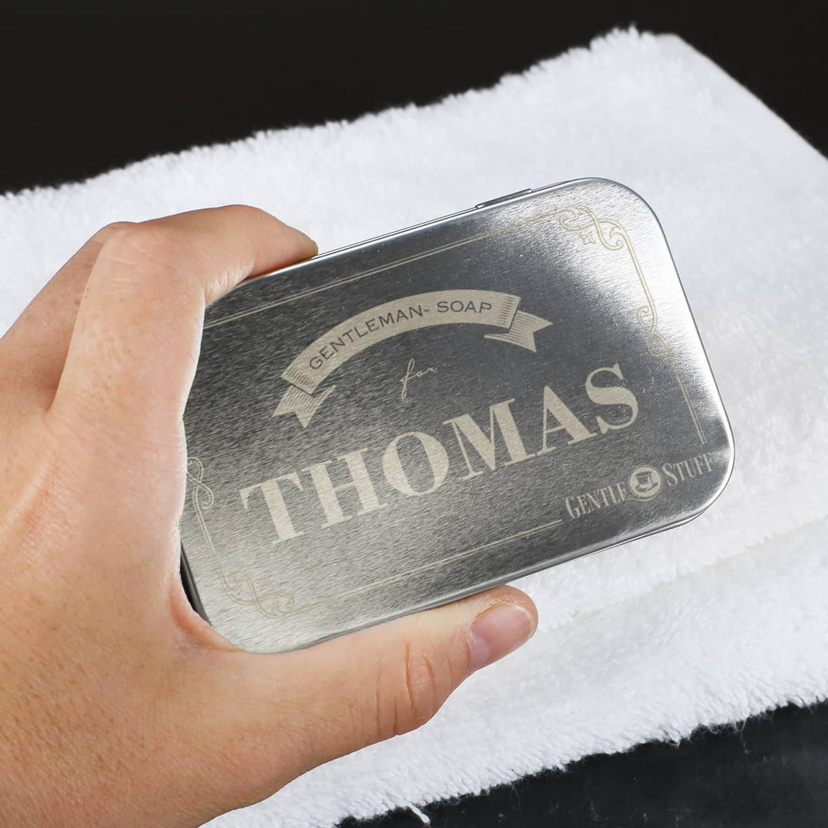 Gentleman Seife in Metall-Geschenkdose mit Name