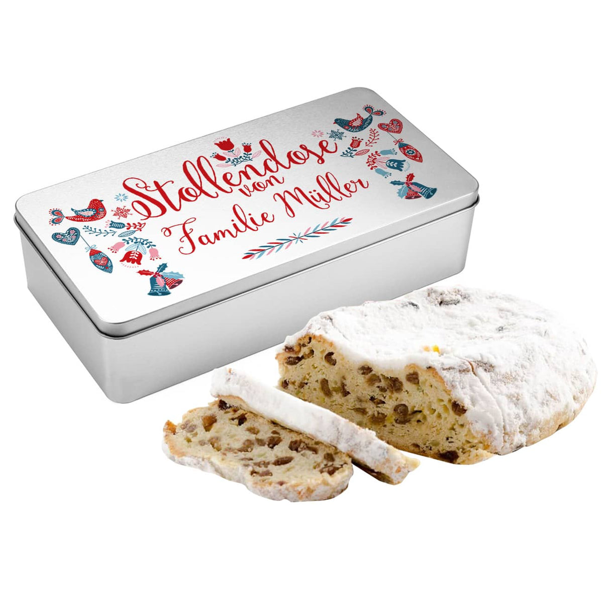 Personalisierte Stollendose mit Stollen zu Weihnachten