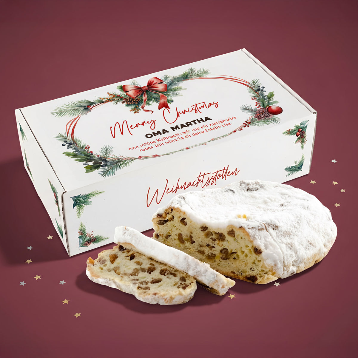 Rosinenstollen mit Geschenkverpackung inklusive Name & Wunschtext bedruckt, 1000g