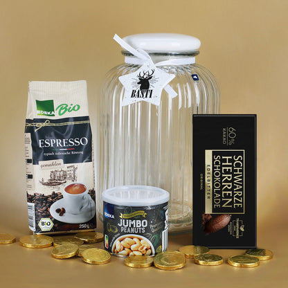 Geschenkset für Männer zu Weihnachten - Espresso, Schokolade und Nüsse in XL Glasdose