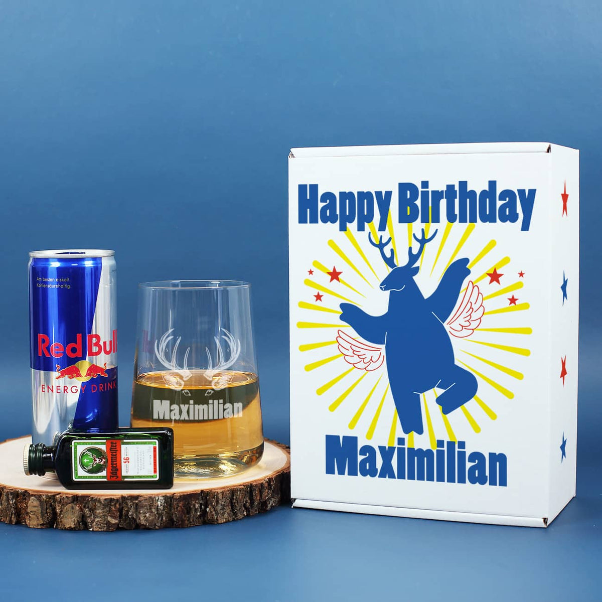 Geschenkset Fliegender Hirsch mit Jägermeister, Red Bull, graviertem Glas & Geschenkbox