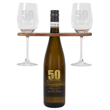 50 Jahre gemeinsam - Geschenkset zur goldenen Hochzeit mit Wein nach Wahl, Wunschnamen und Text
