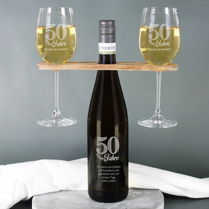 Wein-Geschenkset zur goldenen Hochzeit mit Wunschtext und Namen des Paares