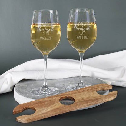 Goldene Hochzeit - Graviertes Geschenkset mit Weinflasche, Weingläsern und Weinbutler