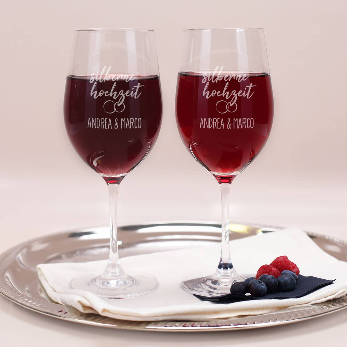 Silberne Hochzeit - Wein-Geschenkset mit Wunschtext und Namen graviert