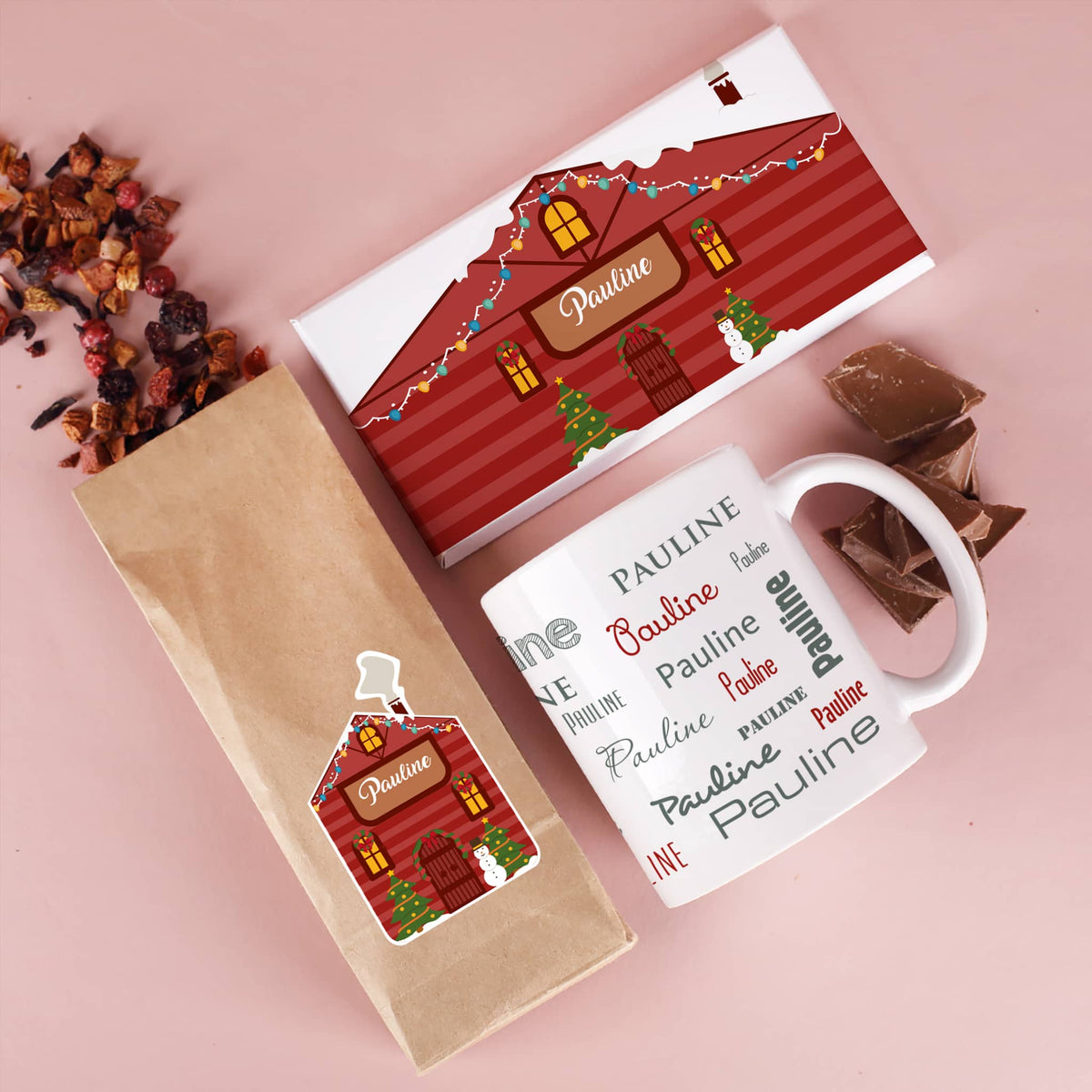 Packung Tee, personalisierte Namenstasse & Tafel Schokolade mit Name bedruckt