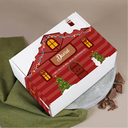 Geschenkbox mit Weihnachtshäuschen, Name & Text bedruckt