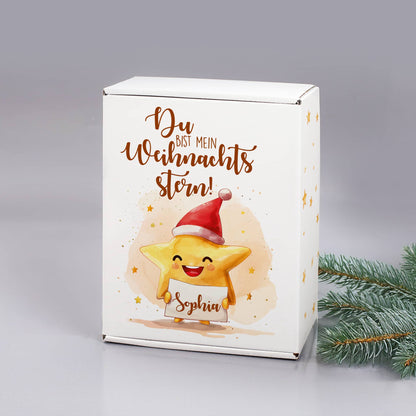 Du bist mein Weihnachtsstern! -  Niedliches Geschenkset mit Stollenrigel, Teekanne Tee und Name pers