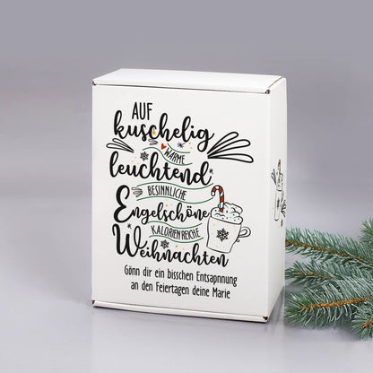 Für kuschlig warme Weihnachten - Geschenkset mit gravierten Glas und personalisierter Verpackung