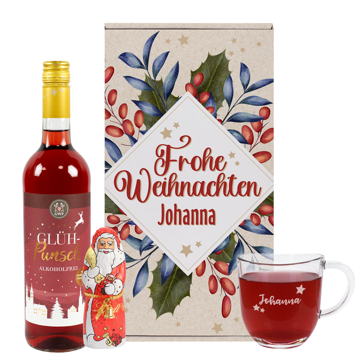 Personalisiertes Weihnachtsgeschenkset für Johanna mit alkoholfreiem Glühpunsch, Schoko-Weihnachtsmann, Teeglas mit Name und Geschenkbox mit Weihnachtsmotiv