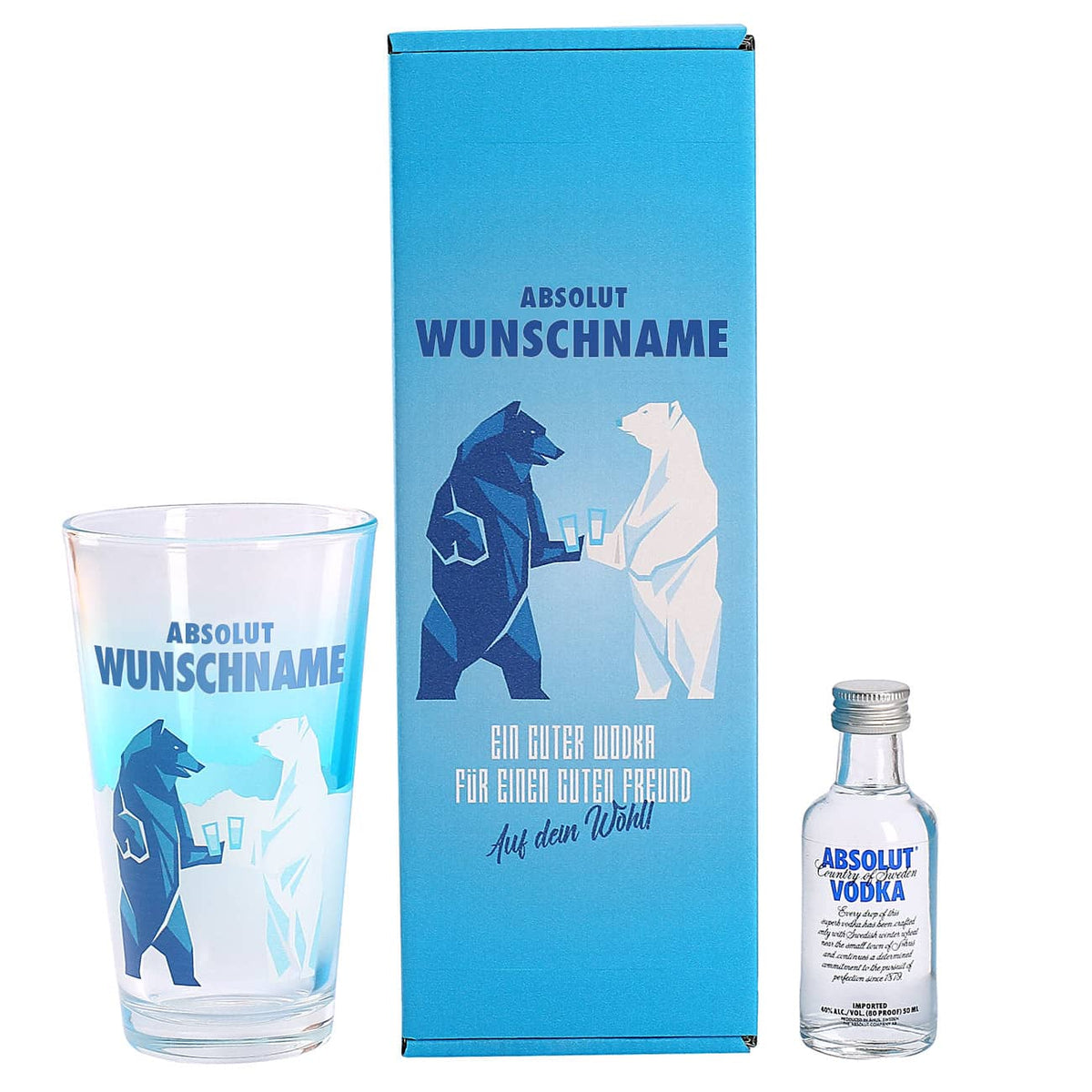 Absolut Vodka Flasche und umlaufend bedrucktes Longdrinkglas sicher verpackt im bedruckten Geschenkkarton