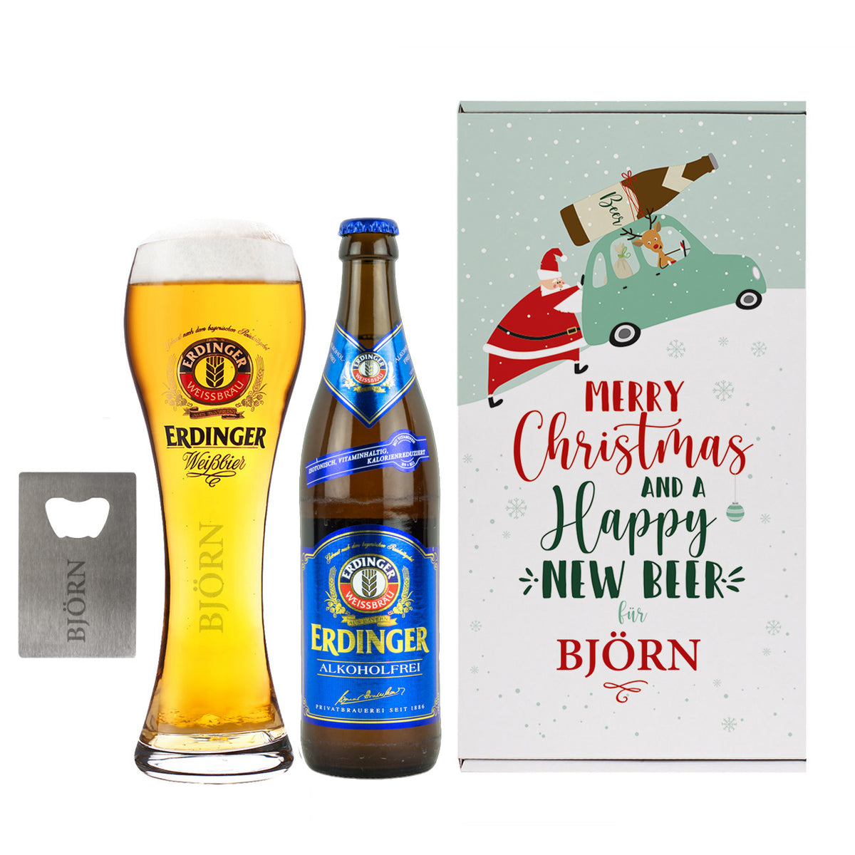Erdinger Bier-Geschenkset zu Weihnachten, mit graviertem Glas, Weißbier und Flaschenöffner