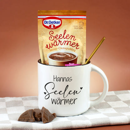 Personalisierte Tasse mit Seelenwärmer Motiv und Tassen-Cremepudding Schokolade