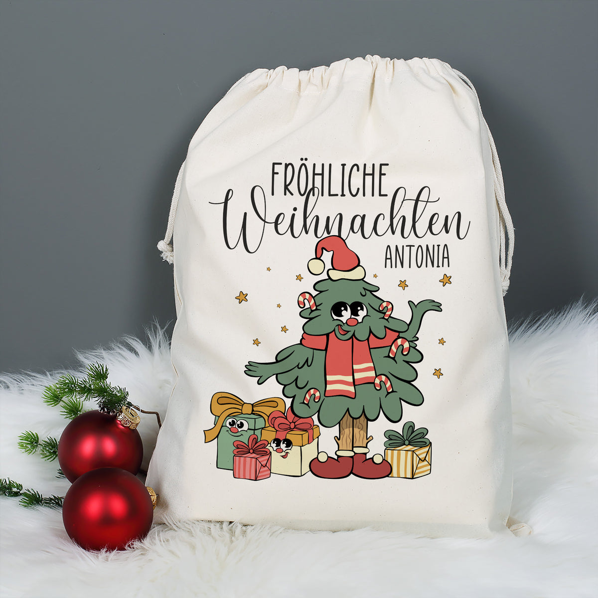 Baumwoll Geschenksack mit Weihnachtsbaum Motiv und Name personalisiert zu Weihnachten
