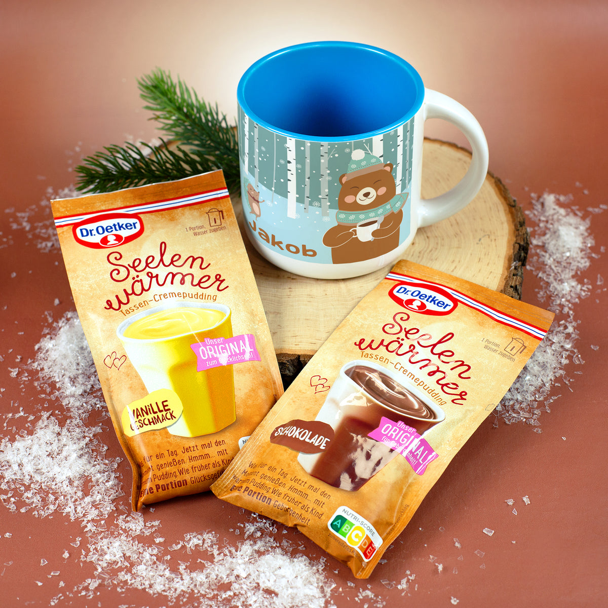 Personalisierte Tasse für Kinder mit Bär und Igel sowie Seelenwärmer Tassenpudding