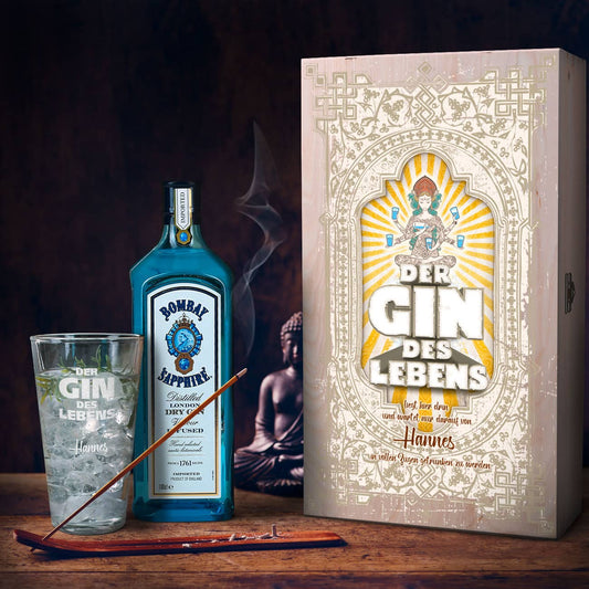 Geschenk-Set für Gin-Liebhaber mit Bombay Sapphire Gin graviertem Glas und bedruckter Holzkiste