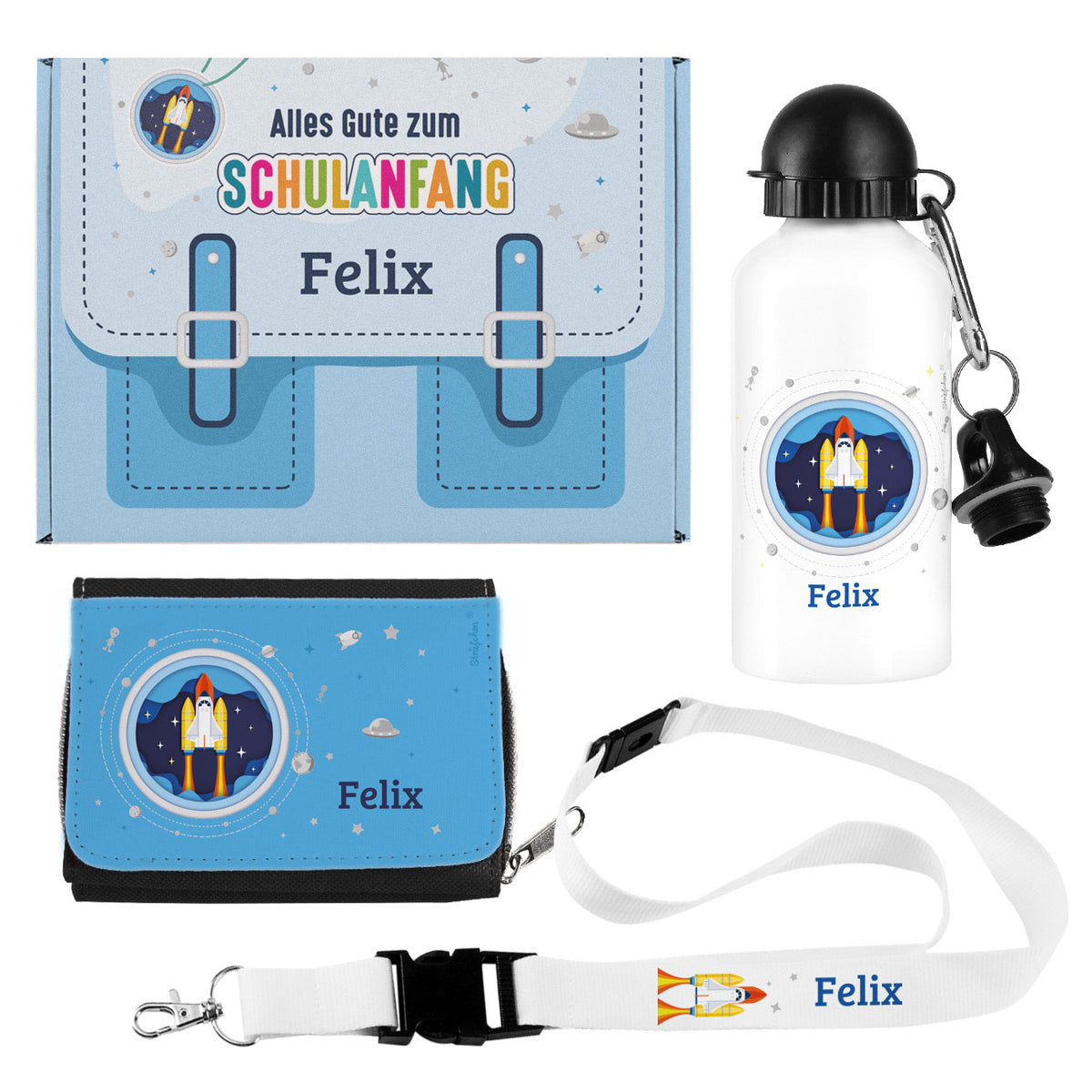 Persönliches Geschenkset zur Einschulung für Jungen mit Raumschiff-Motiv und Name