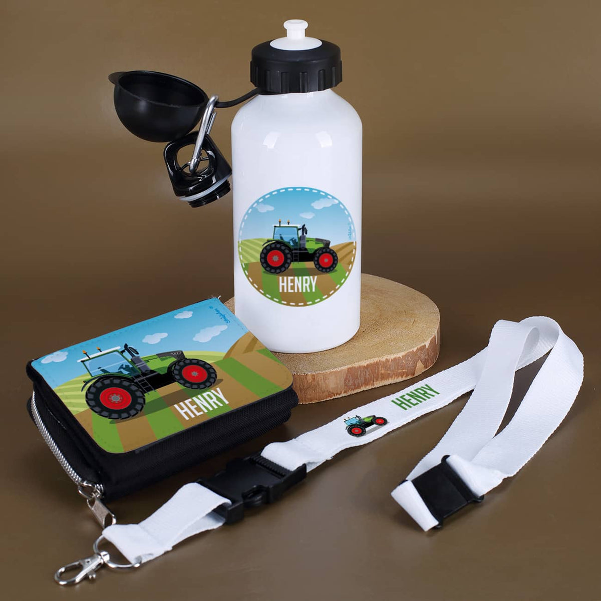 Geschenkset zur Einschulung Trinkflsche Geldbörse, Schlüsselband mit Traktor und Name