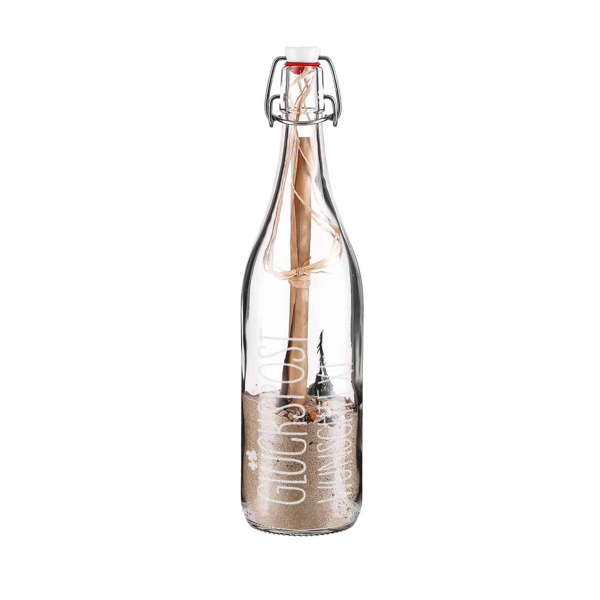 Glückspost in einer gravierten Bügelflasche