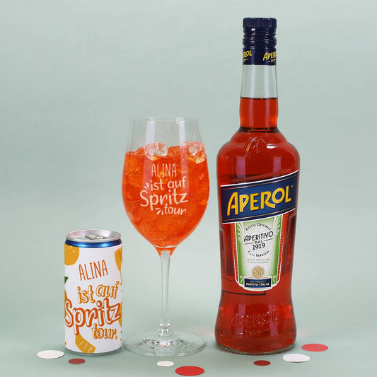 Personalisierte Seccodose, graviertes Weinglas und Flasche Aperol