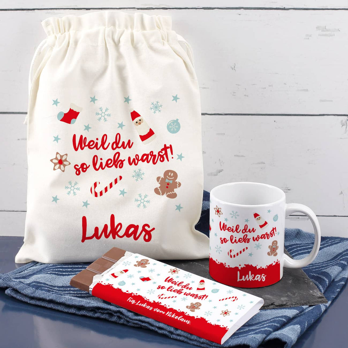 Geschenkset zum Nikolaus mit Säckchen, Tasse und Schokolade