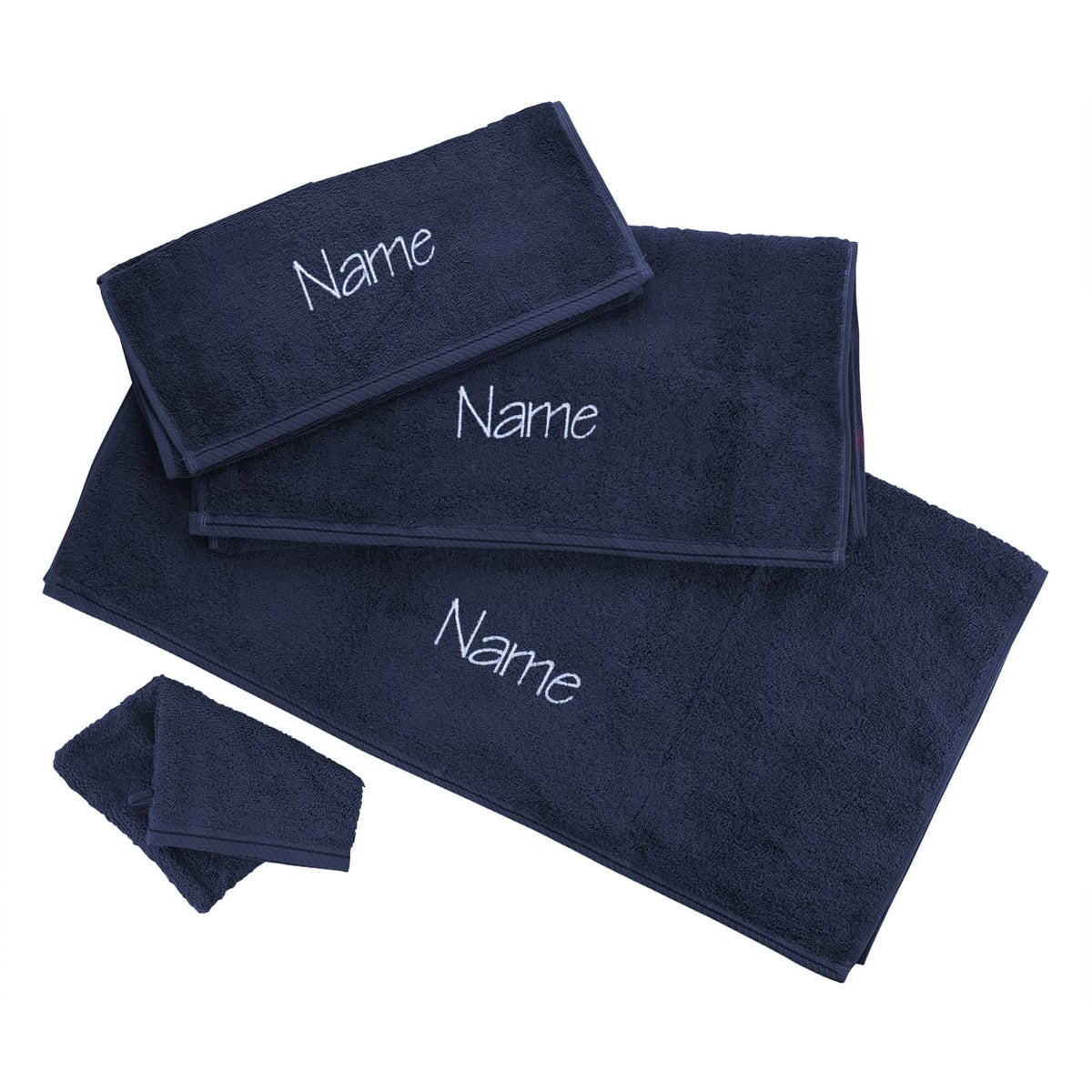 Nachtblaues Handtuchset mit Name gestickt, 4-teilig