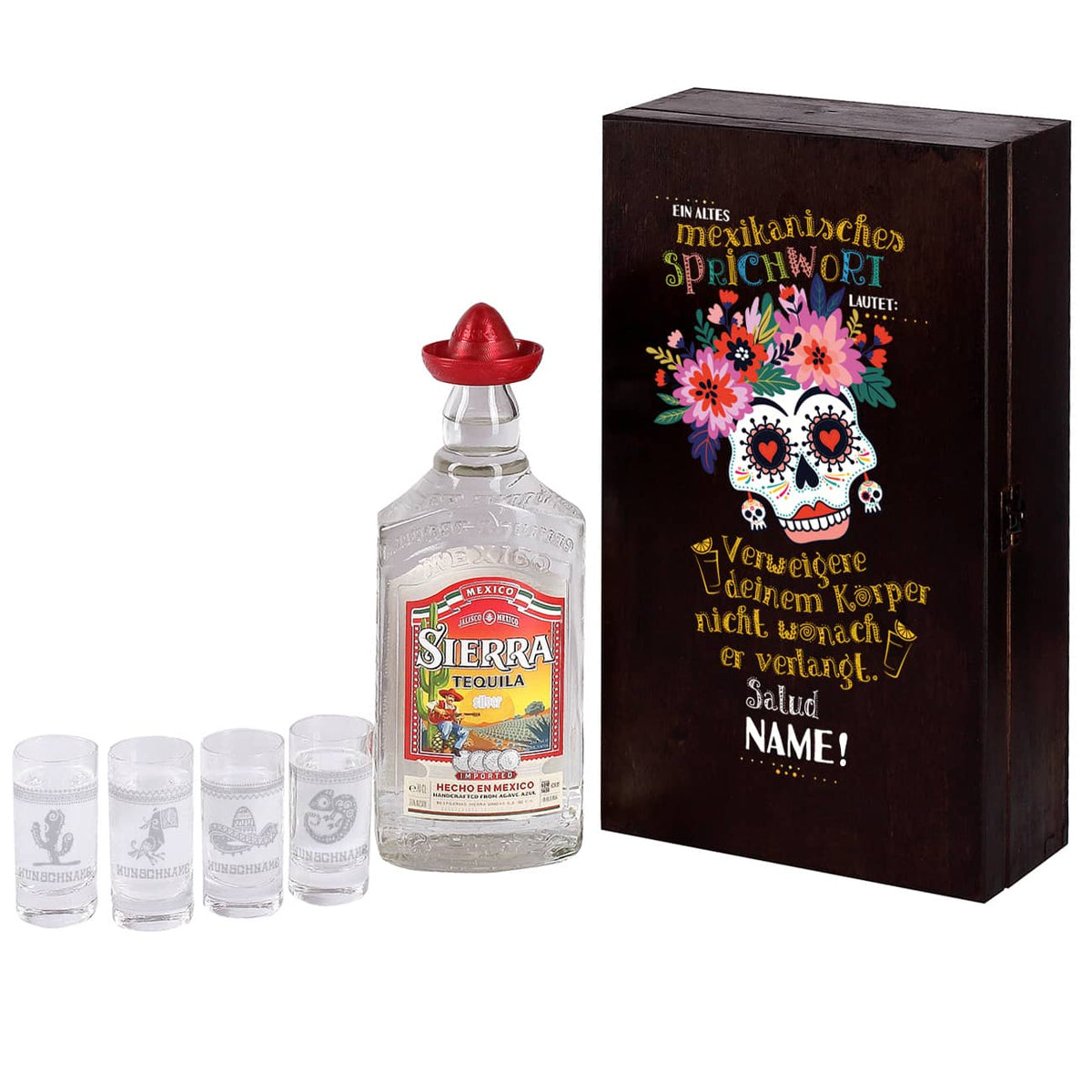 Dia de los Muertos Holzbox bedruckt mit mexikanischem Sprichwort und buntem Schädel mit 4 gravierten Tequilagläsern und einer Flasche Sierra Tequila