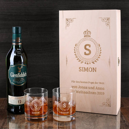 Glenfiddich Whisky Geschenkset mit Monogramm, Name und Wunschtext graviert