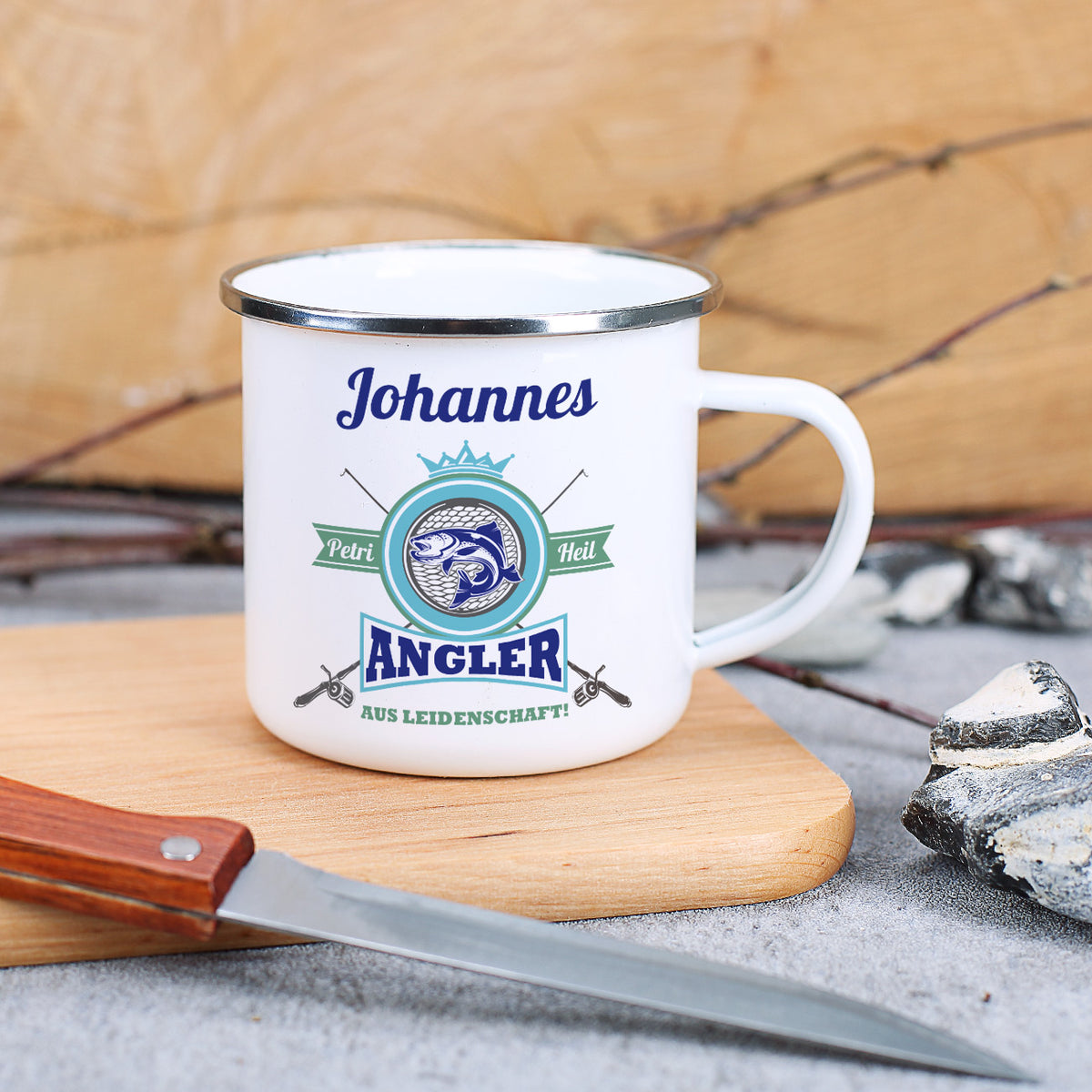 Angler aus Leidenschaft - Emailletasse mit Name