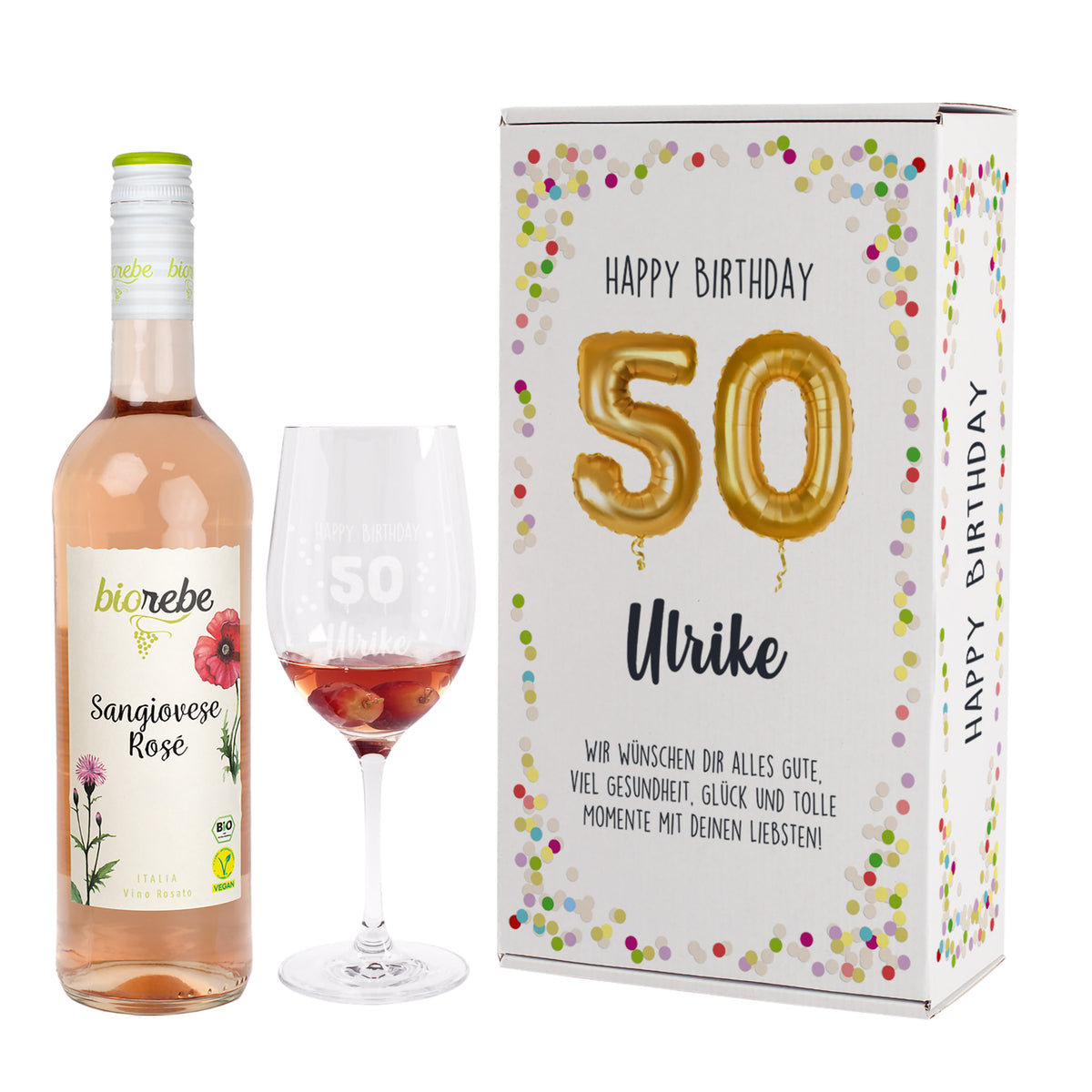 Happy Birthday 50 - Geschenkset mit Biorebe Wein und Weinglas in Geschenkbox