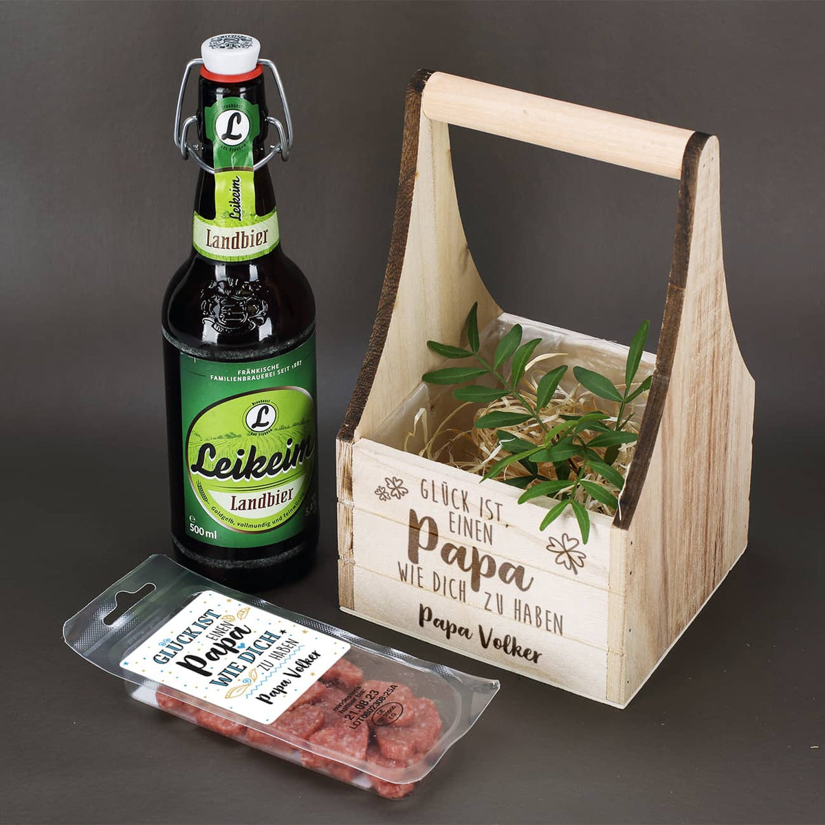 Geschenkset zum Vatertag - Wurst & Bier in einem personalisierten Pflanzkorb