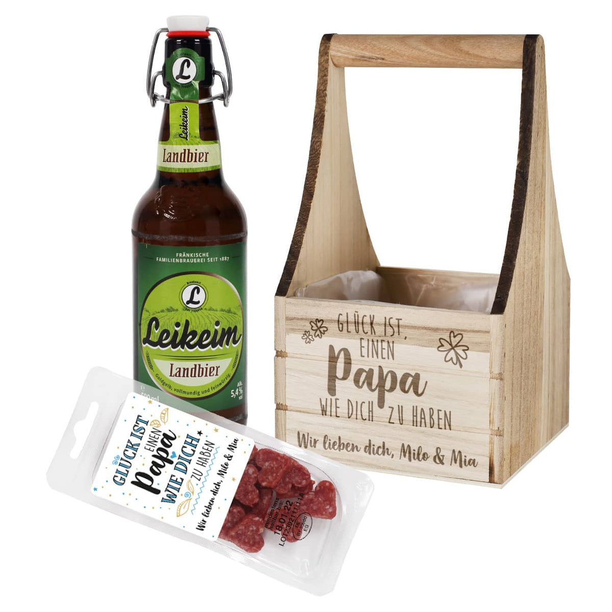 0,5 l Flasche Bier, gravierte Geschenkkiste und personalisierter Salamisnack