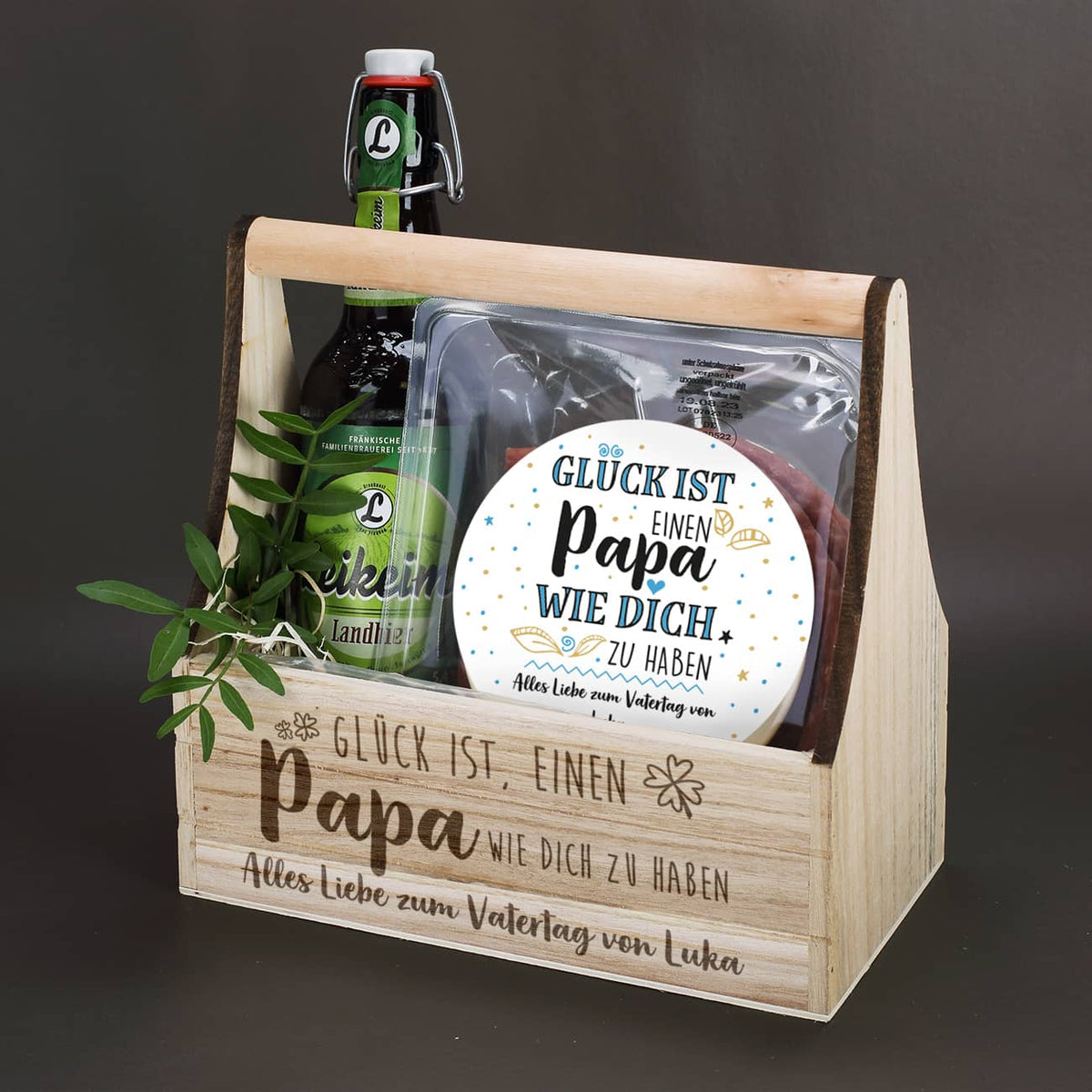 0,5 l Flasche Leikeim Bier und Kabeltrommel aus Salami in persönlicher Verpackung