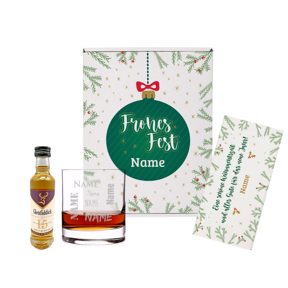 Whisky-Geschenkset zu Weihnachten mit Glenfiddich, graviertem Glas und Schokolade