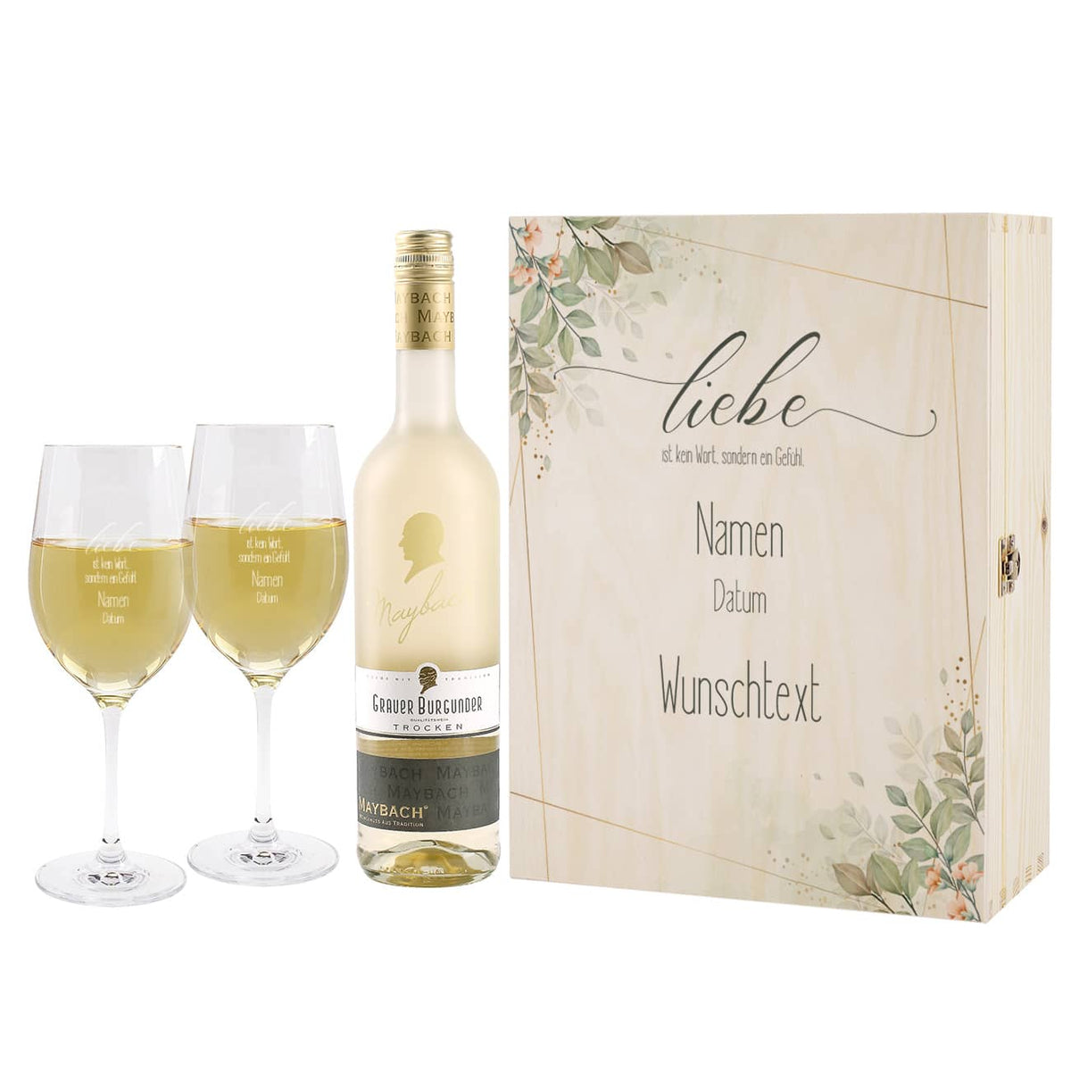 Hochzeits Geschenkset mit Maybach Wein, zwei Gläsern und Holzbox