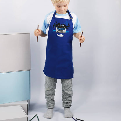 Blaue Kinderschürze Polizeiauto Aufdruck und Name