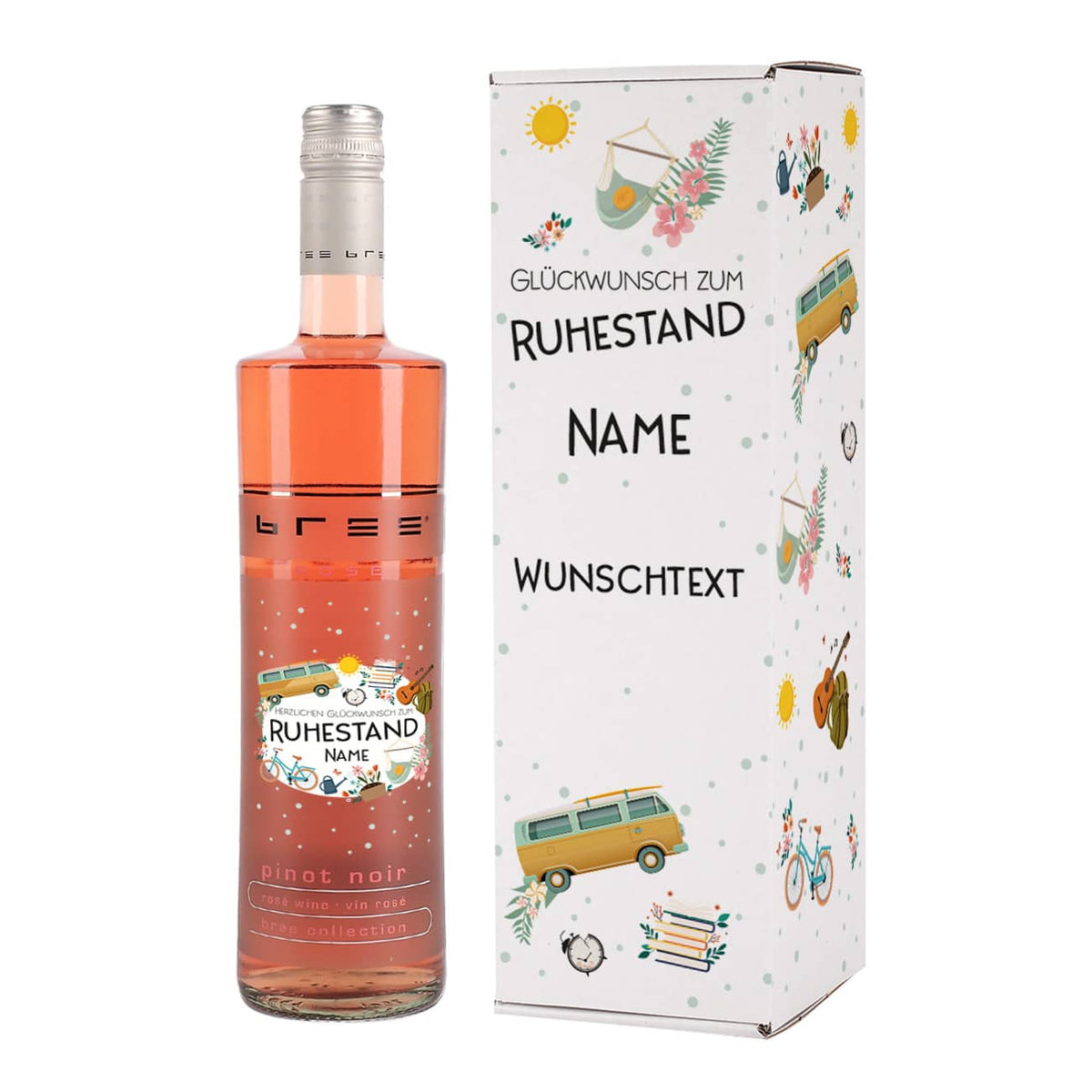 BREE Rosewein und Pappverpackung bedruckt mit buntem Motiv zur Rente