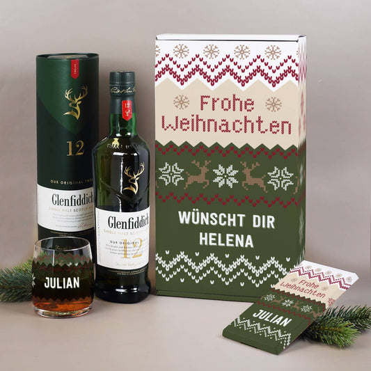 Whisky Geschenkset mit Whisky, Whiskyglas, Geschenkbox und Schokolade