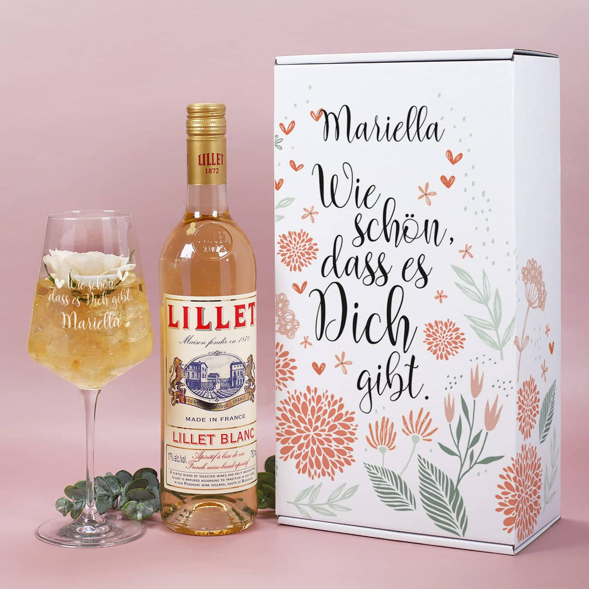 Lillet - Präsentbox mit graviertem Leonardo Weinglas und Wunschname