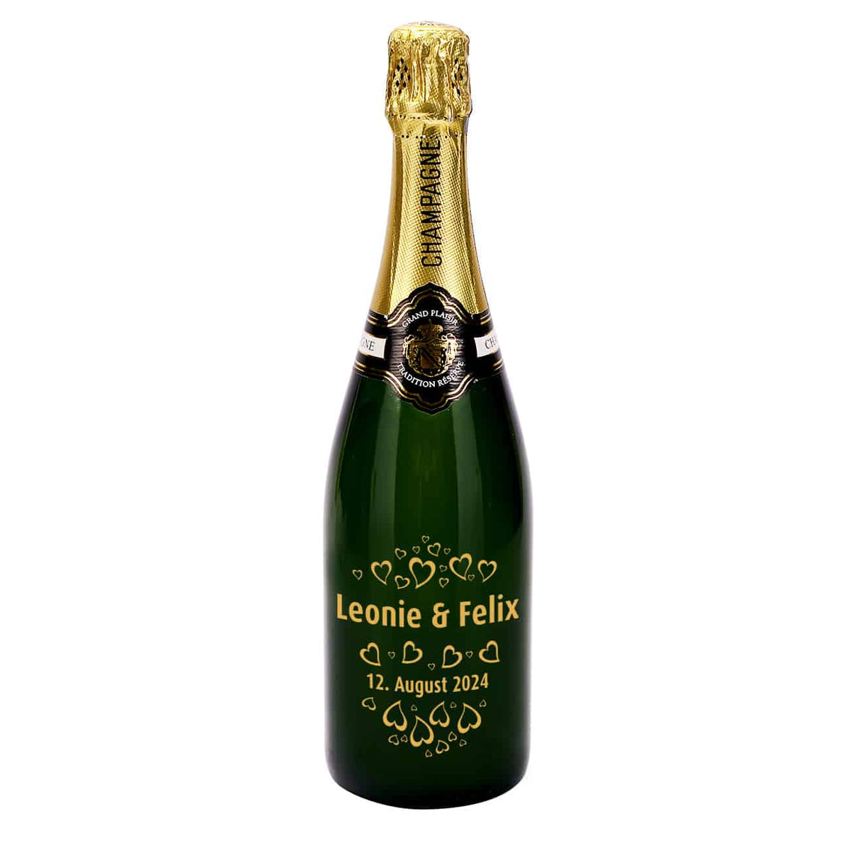 Champagnerflasche mit Gravur zur Hochzeit mit Herzen, Namen und Datum
