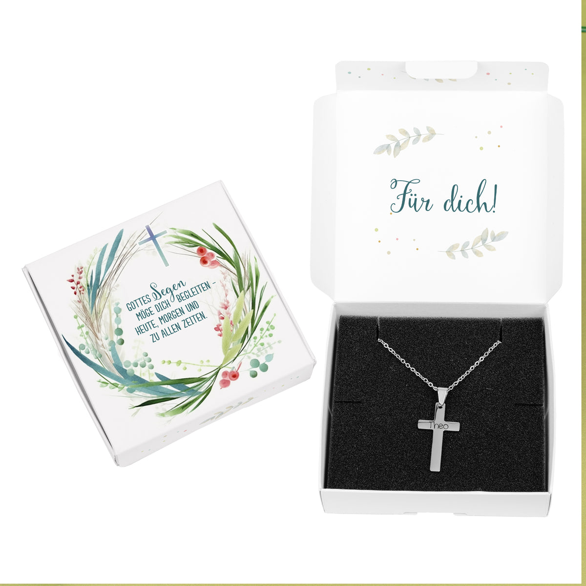 Halskette mit Kreuz und Name graviert zu Kommunion, Konfirmation, Taufe in Geschenkbox