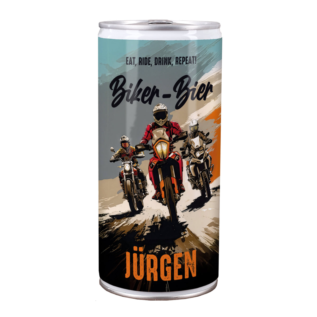 Biker-Bier 1L Dose mit Motorrad-Design und drei Bikes, personalisiert mit Name Jürgen