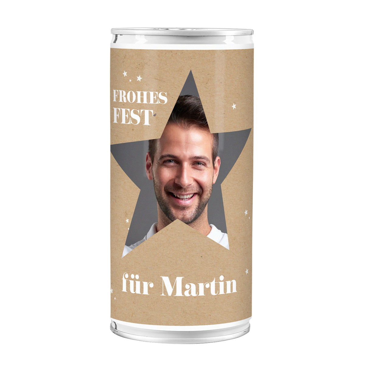 Freigestellte XL-Bierdose mit Sternmotiv, Frohes-Fest-Aufdruck und personalisiertem Foto im großen Stern-Ausschnitt.