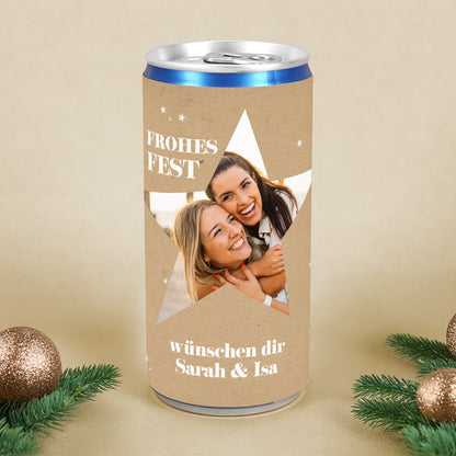 Personalisierte Secco-Dose mit Foto im Stern & Wunschtext | Frohes Fest Geschenk zu Weihnachten