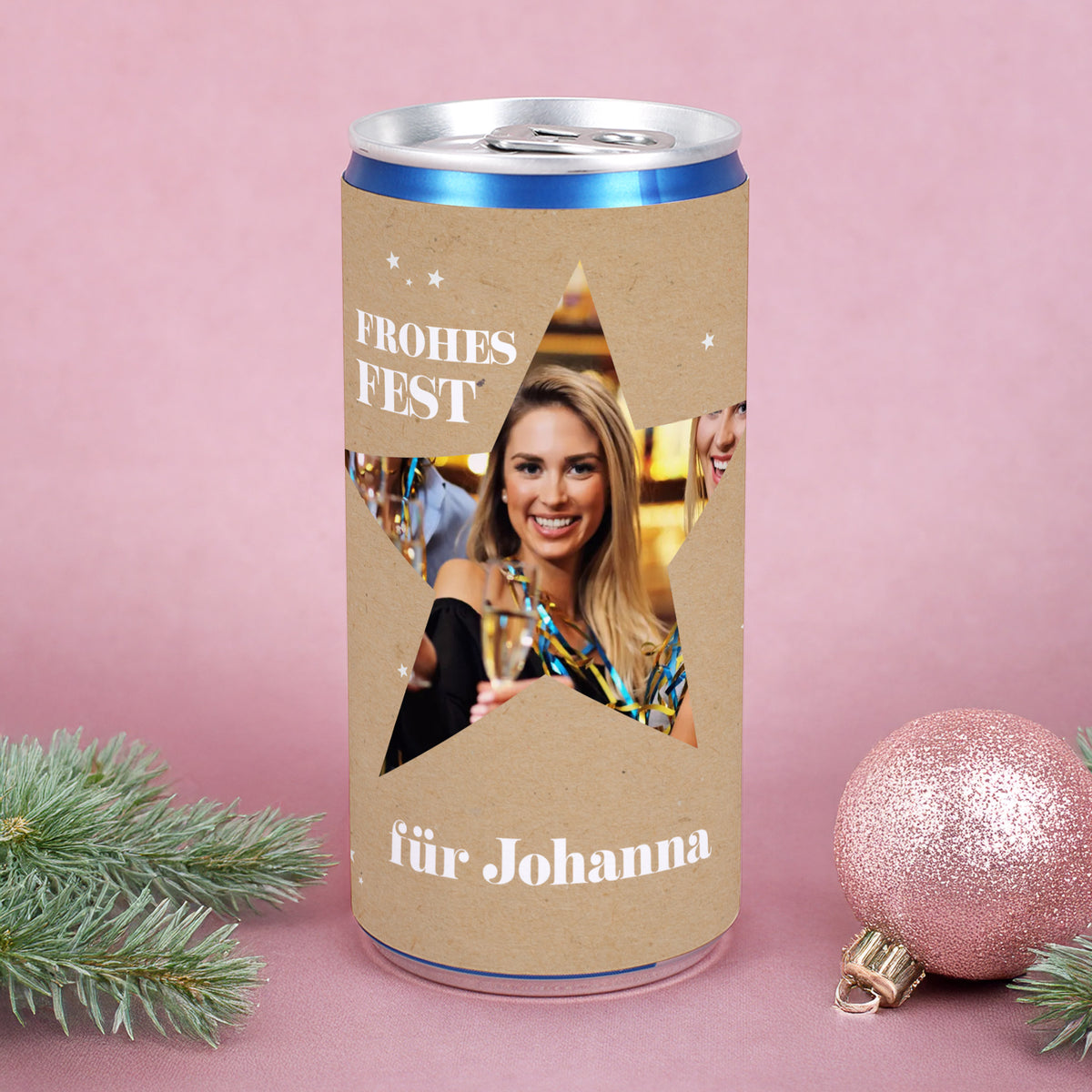 Personalisierte Secco-Dose mit Foto im Stern & Wunschtext | Frohes Fest Geschenk zu Weihnachten