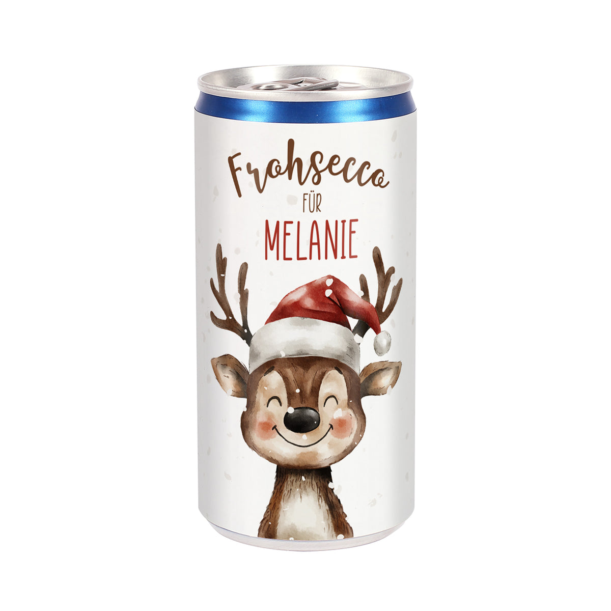Prosecco-Dose „Frohsecco für Melanie“ mit niedlichem Rentier und Weihnachtsmütze freigestellt