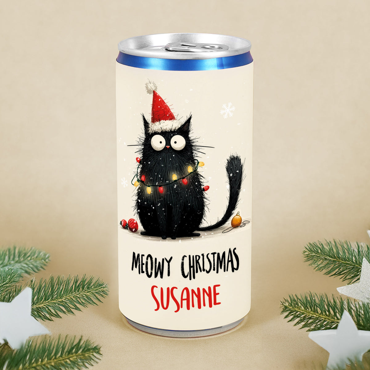 Personalisierte Prosecco-Dose mit Katze und Spruch Meowy Christmas – Weihnachtsgeschenk für Katzenfans