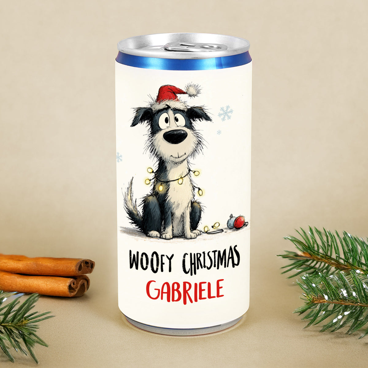 Prosecco-Dose mit Hund im Weihnachtsdesign und Name Gabriele – Woofy Christmas