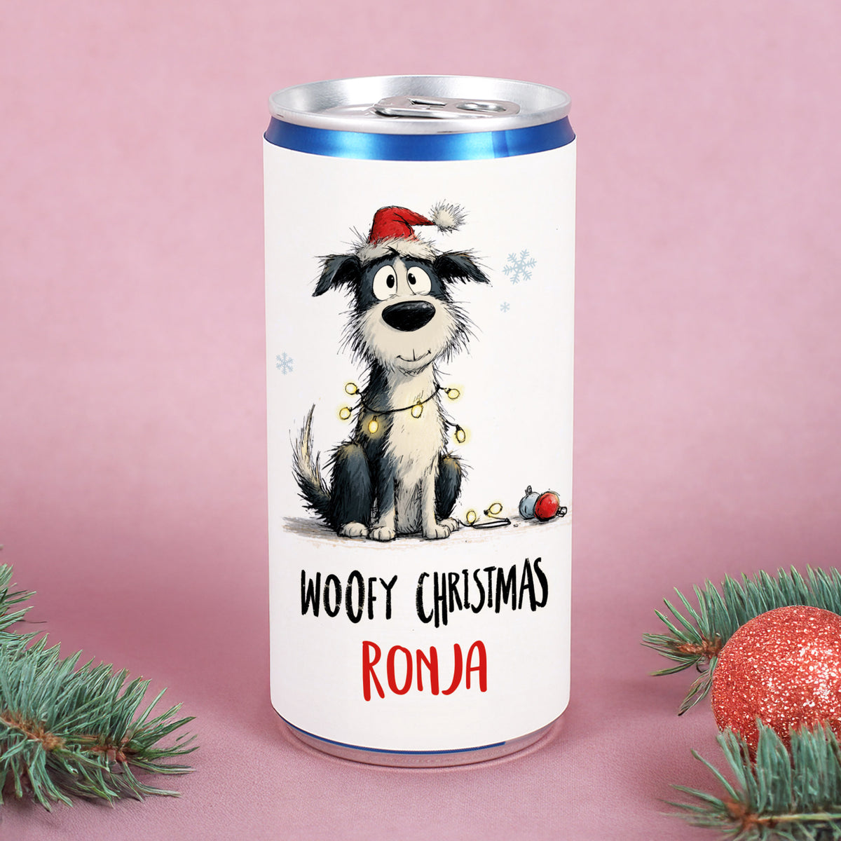 Personalisierte Prosecco-Dose Woofy Christmas mit Hund und Name Ronja im Weihnachtsmotiv