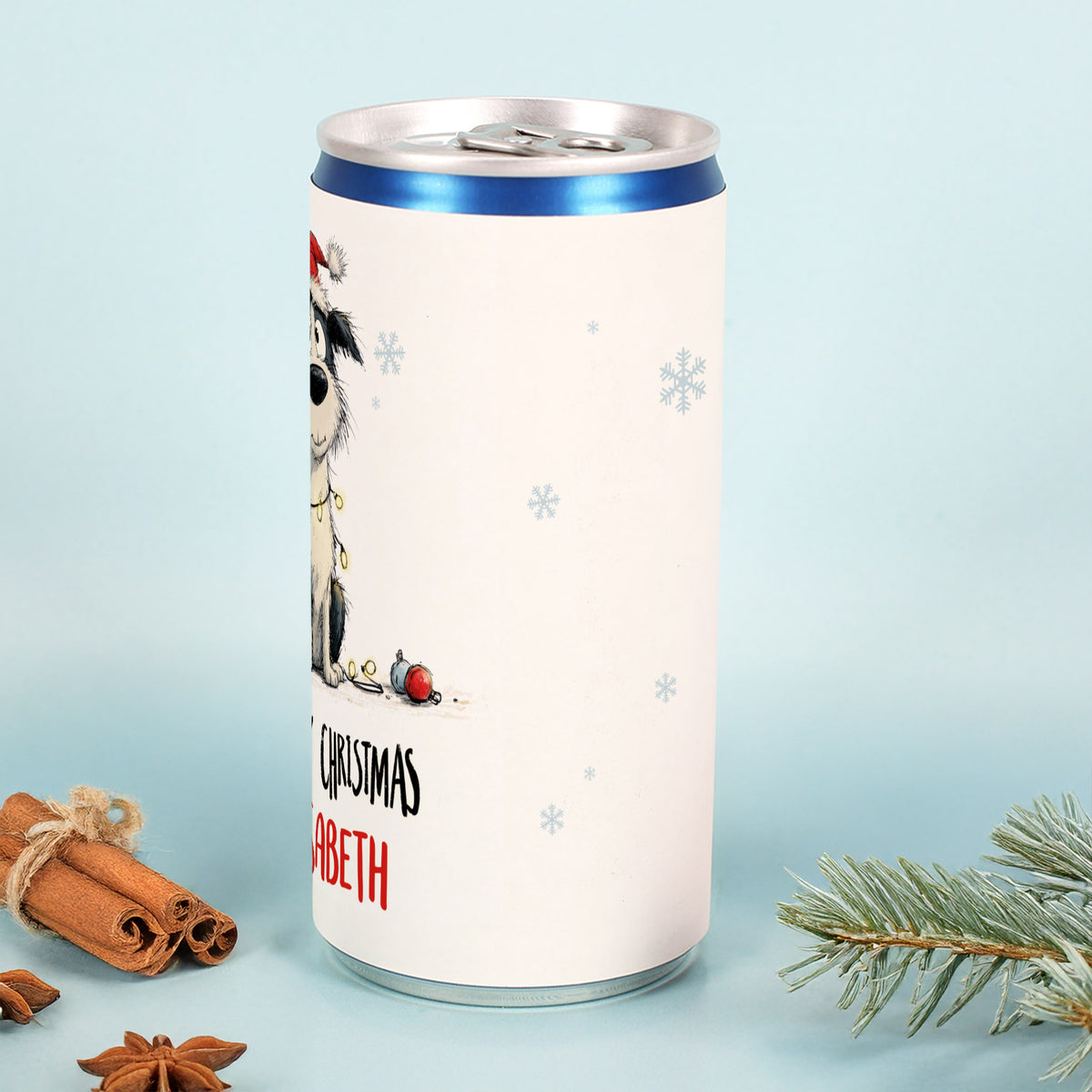 Seitenansicht der personalisierten Woofy-Christmas-Prosecco-Dose mit Schneeflocken-Design